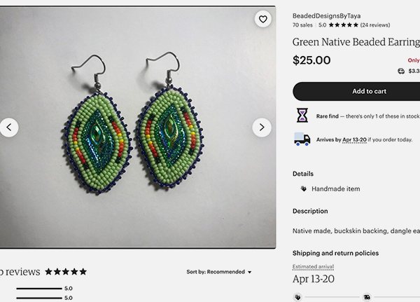Screenshot of Etsy page with $25 beaded earrings